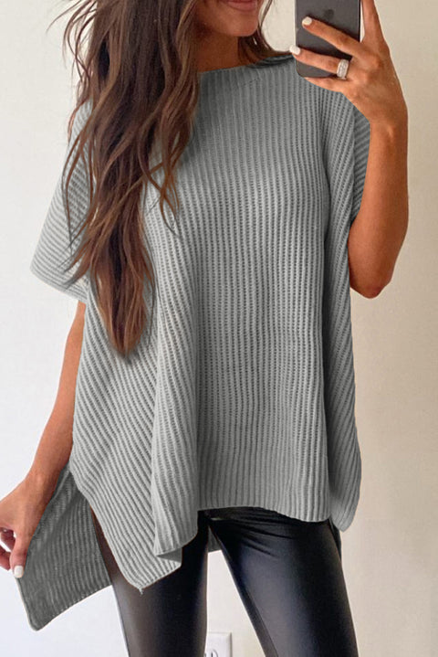 Short-sleeved side-slit vertical striped sweater