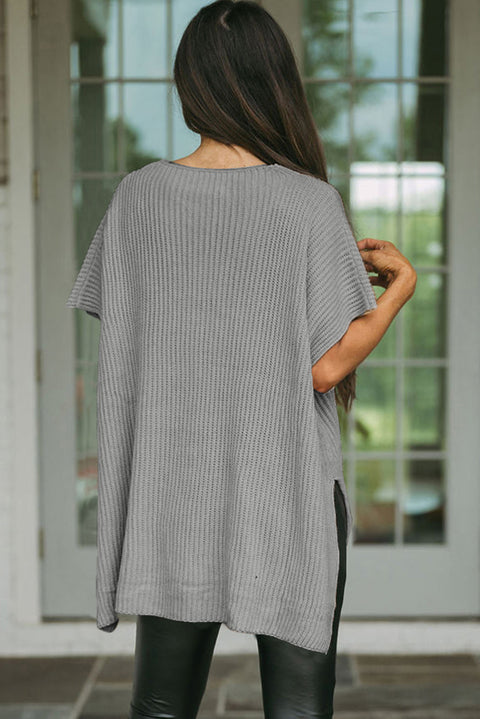 Short-sleeved side-slit vertical striped sweater