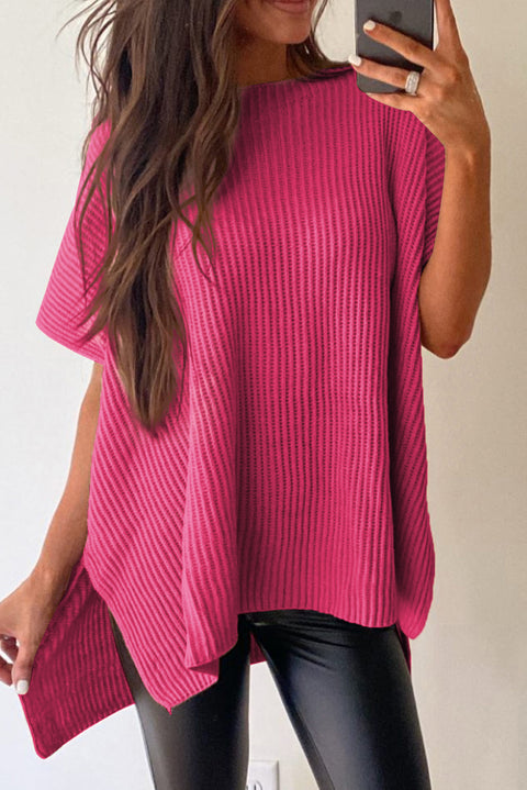 Short-sleeved side-slit vertical striped sweater