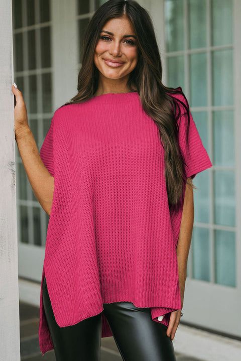 Short-sleeved side-slit vertical striped sweater