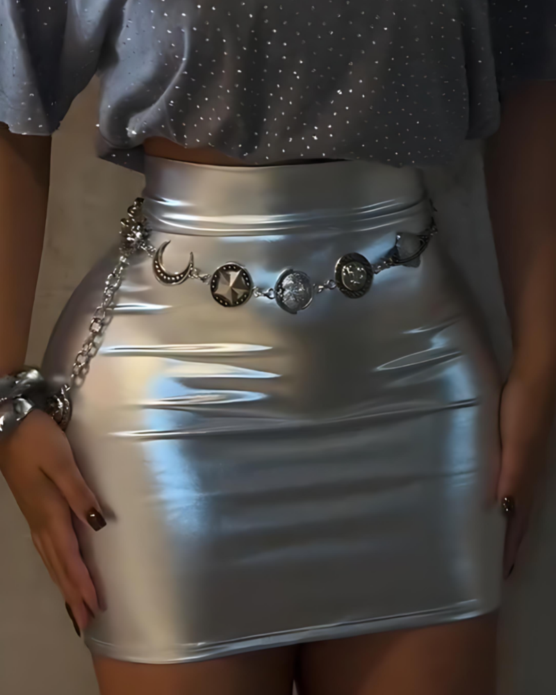 Ladies Round Neck Rhinestone Top+ Shiny Bread Buttocks Skirt Temperament Casual Set