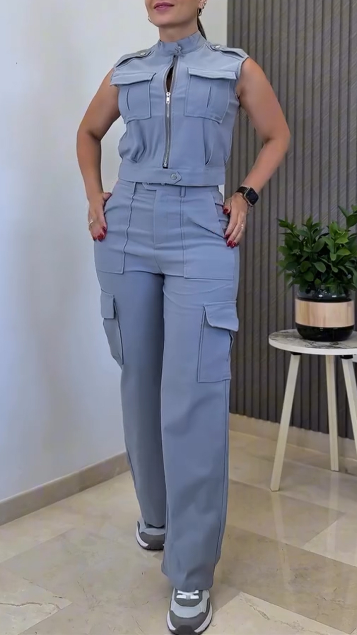 Women Round Neck Zipper Splicing Top + Pants Casual Suit