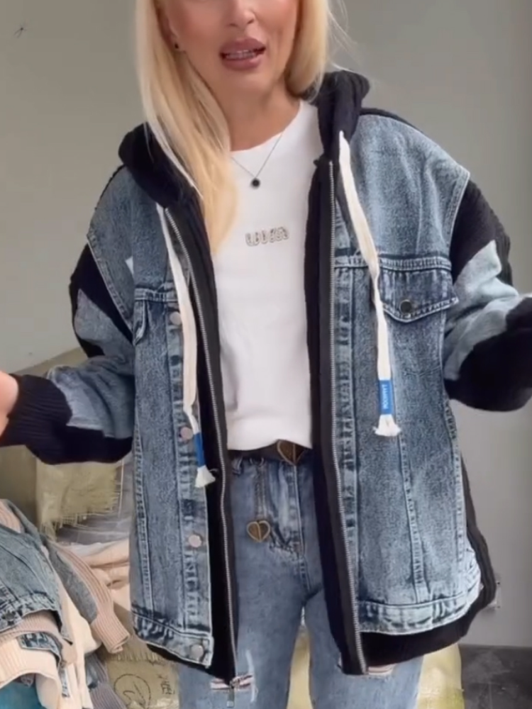 Women Round Neck Hooded Denim Splicing Sweater Casual Jacket