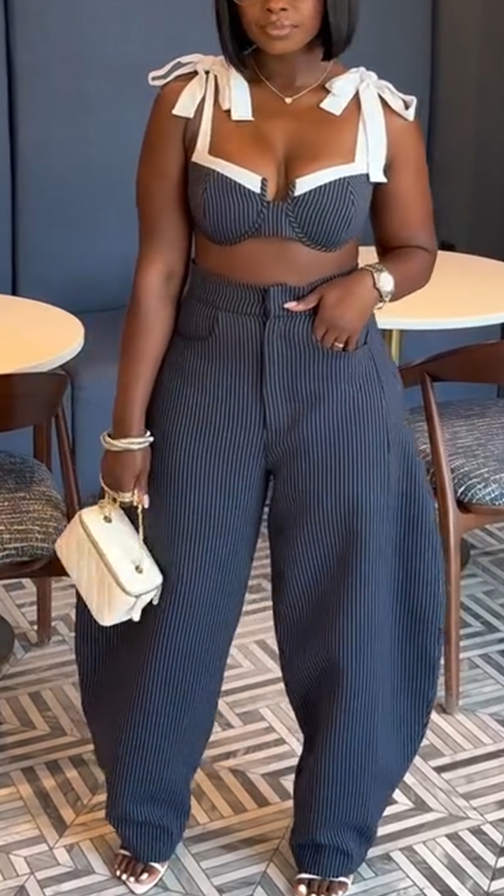 Women Suspender Vertical Striped Top + Pants Hot Girl Sexy Casual Suit