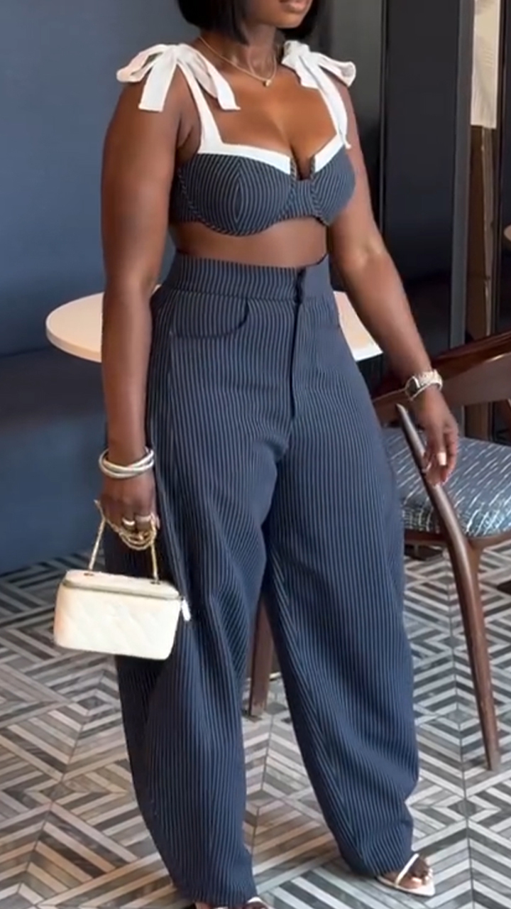 Women Suspender Vertical Striped Top + Pants Hot Girl Sexy Casual Suit