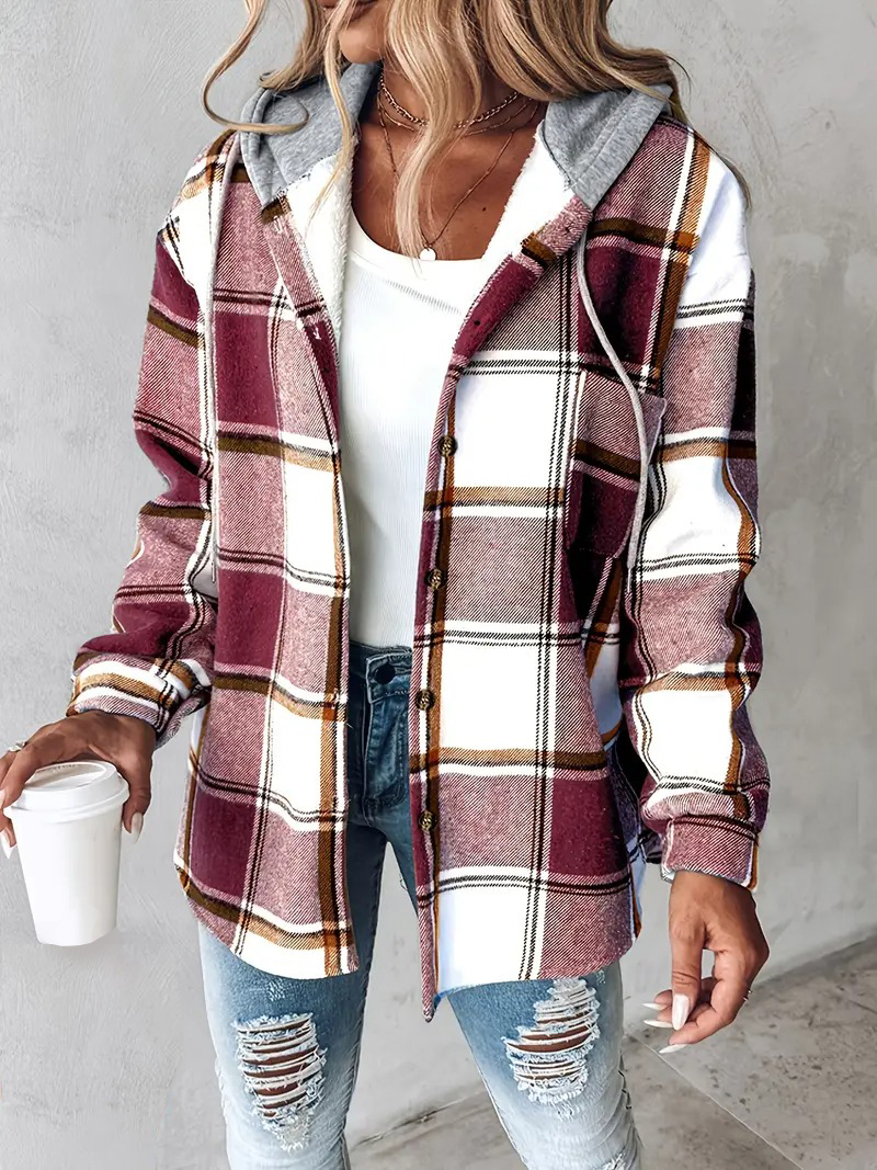 Women's Plaid Button Hooded Jacket
