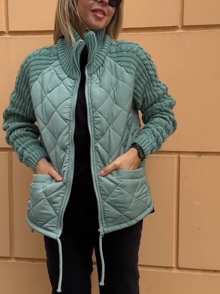 Women's Stand Collar Spliced ​​Cable-Patterned Sweater Casual Jacket