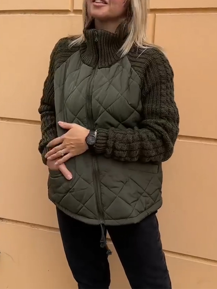 Women's Stand Collar Spliced ​​Cable-Patterned Sweater Casual Jacket
