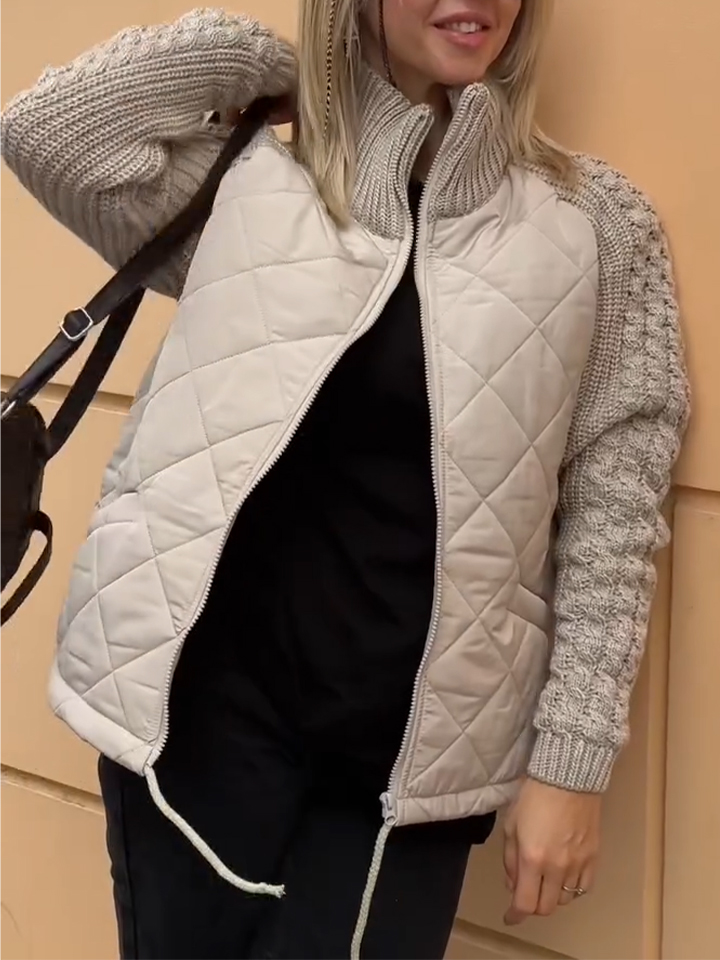 Women's Stand Collar Spliced ​​Cable-Patterned Sweater Casual Jacket