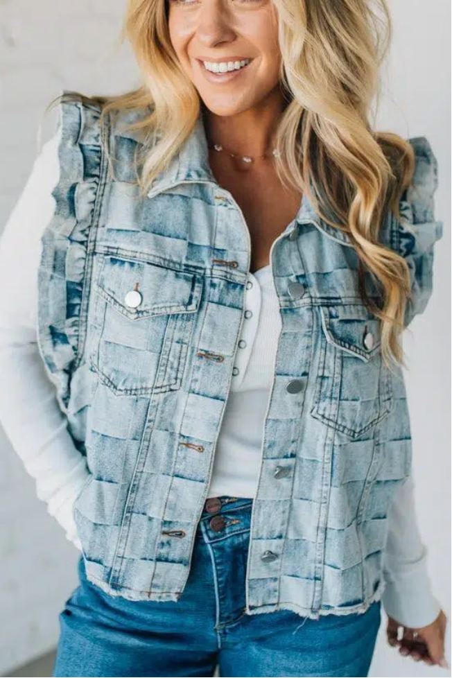 Rae Ruffle Accent Checked Denim Vest
