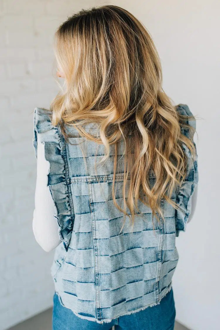 Rae Ruffle Accent Checked Denim Vest