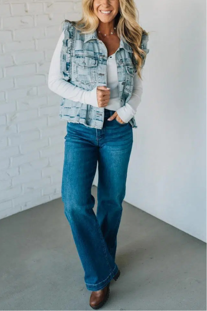 Rae Ruffle Accent Checked Denim Vest