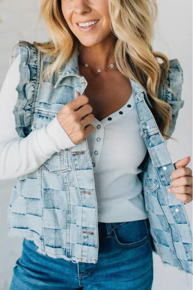 Rae Ruffle Accent Checked Denim Vest