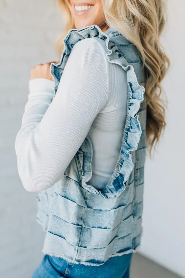 Rae Ruffle Accent Checked Denim Vest