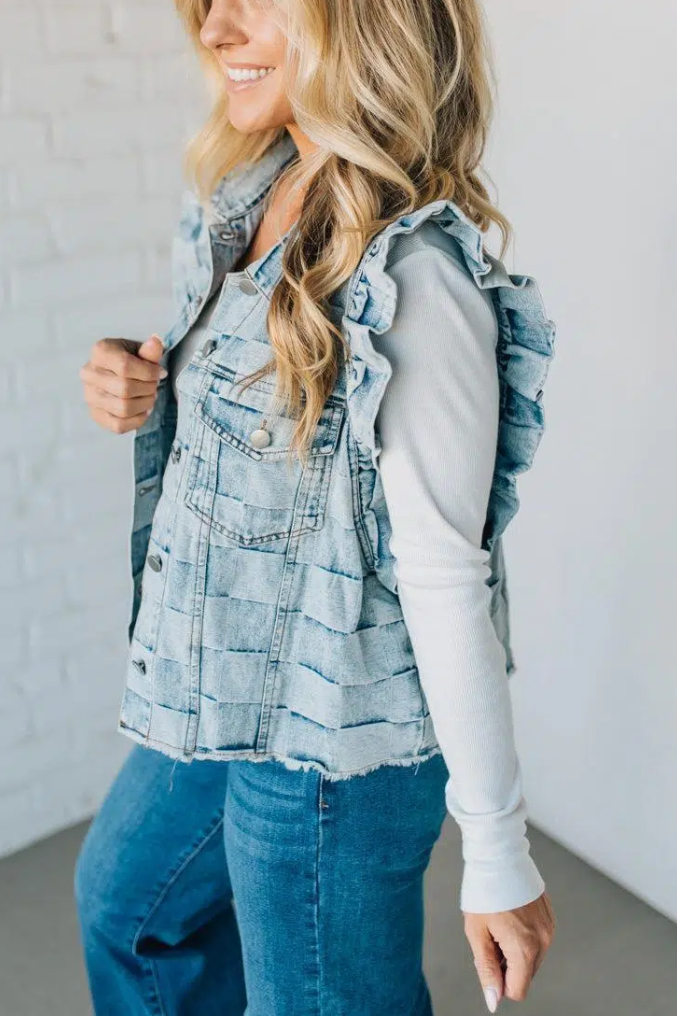 Rae Ruffle Accent Checked Denim Vest