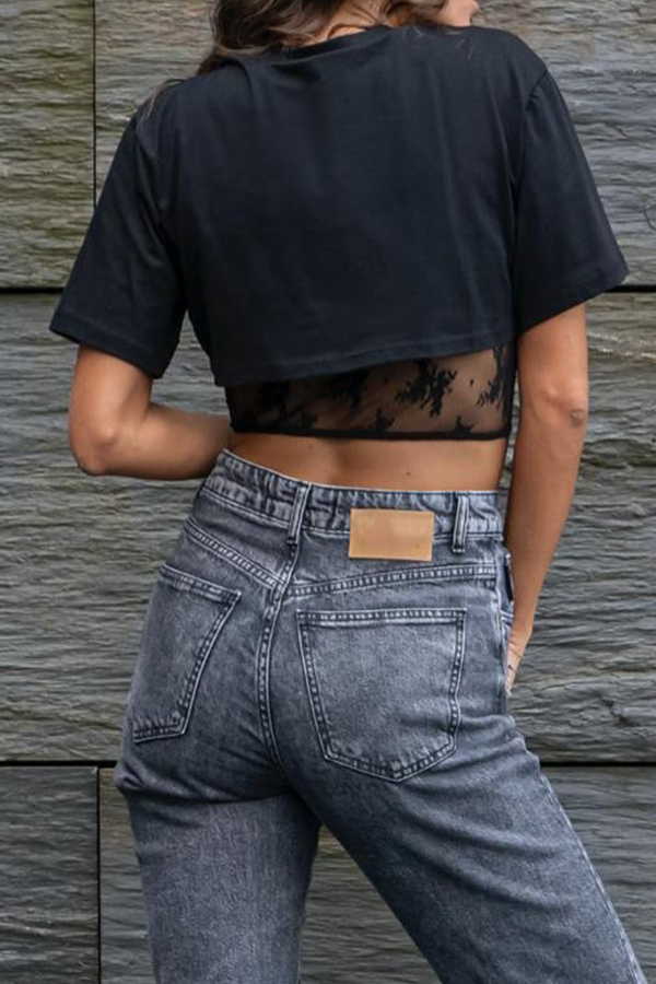 Women Lace Panel Cropped T-Shirt