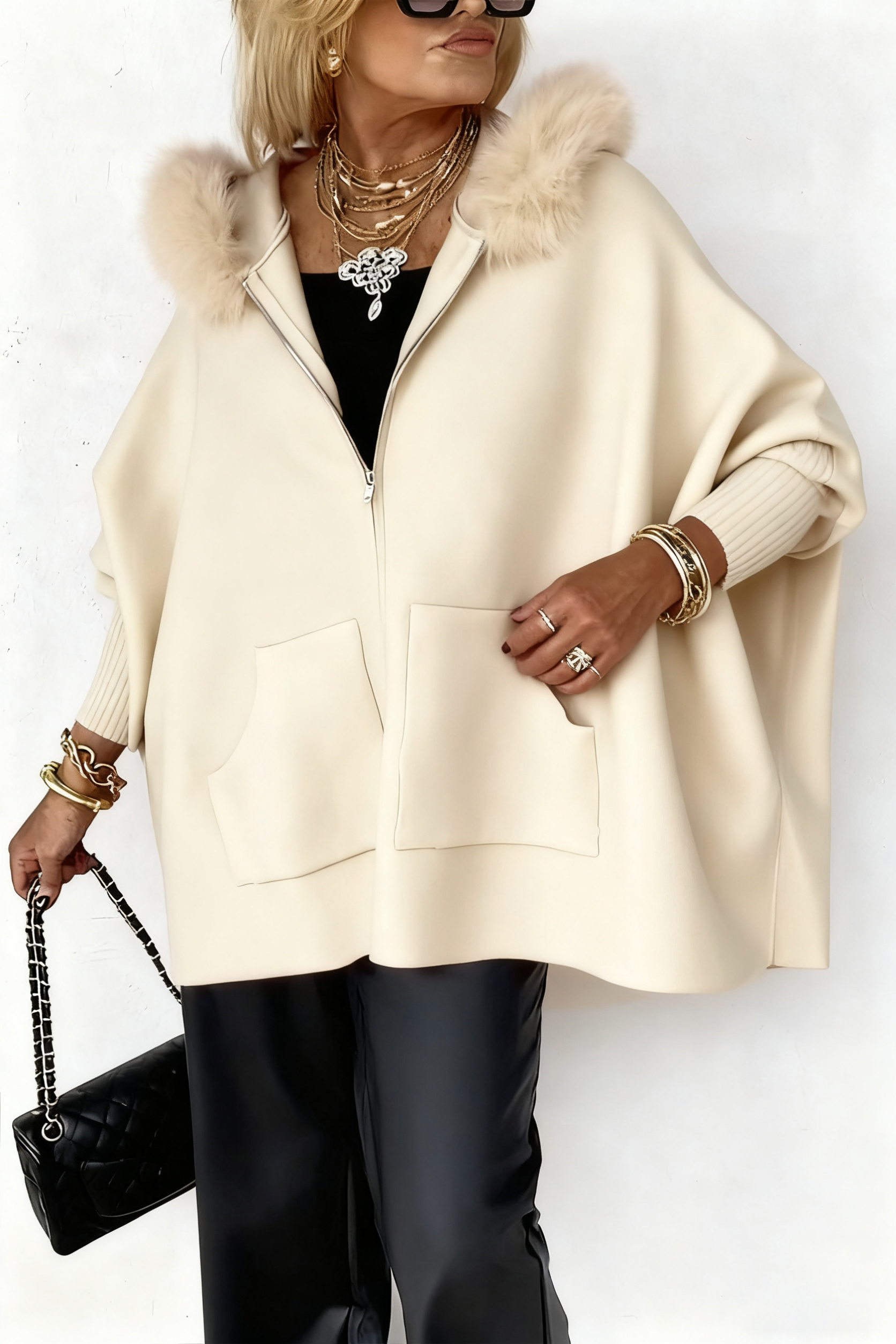 Women Fur Collar Solid Color Casual Jacket