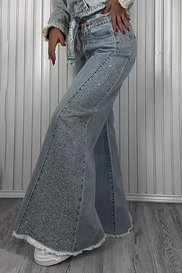 Women Casual Raw-Hem Shiny Flared Jeans