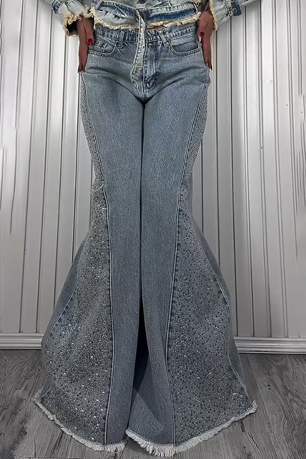 Women Casual Raw-Hem Shiny Flared Jeans