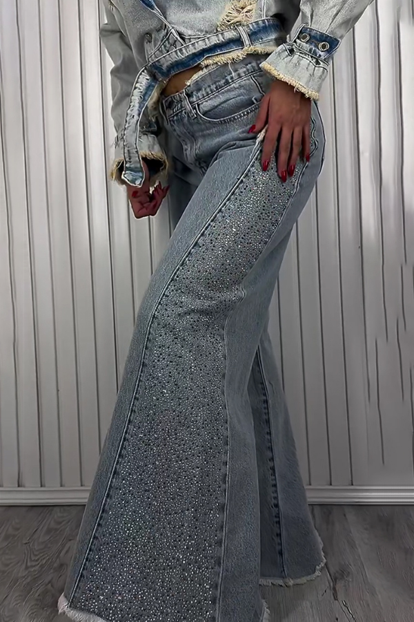 Women Casual Raw-Hem Shiny Flared Jeans