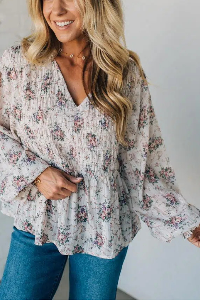 Roman V-Neck Smocked Top