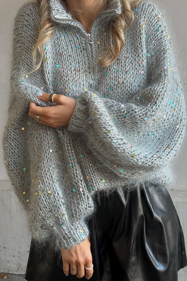 Women Casual Turtleneck Metal Zipper Sequined Sweater