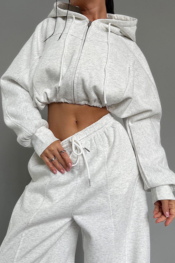Women Casual Hooded Drawstring Zipper Short Sweatshirt + Wide-Leg Pants Suit