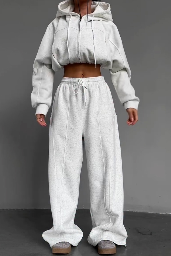 Women Casual Hooded Drawstring Zipper Short Sweatshirt + Wide-Leg Pants Suit