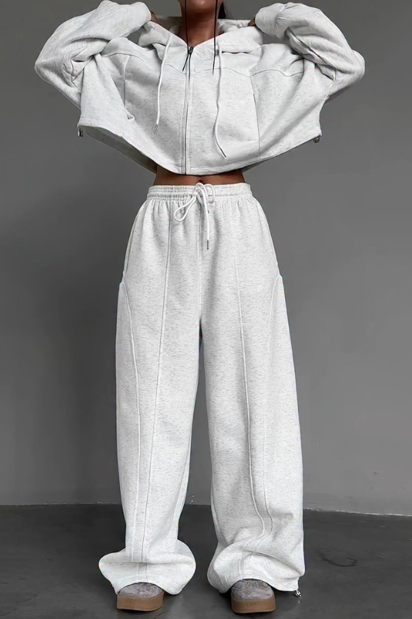 Women Casual Hooded Drawstring Zipper Short Sweatshirt + Wide-Leg Pants Suit