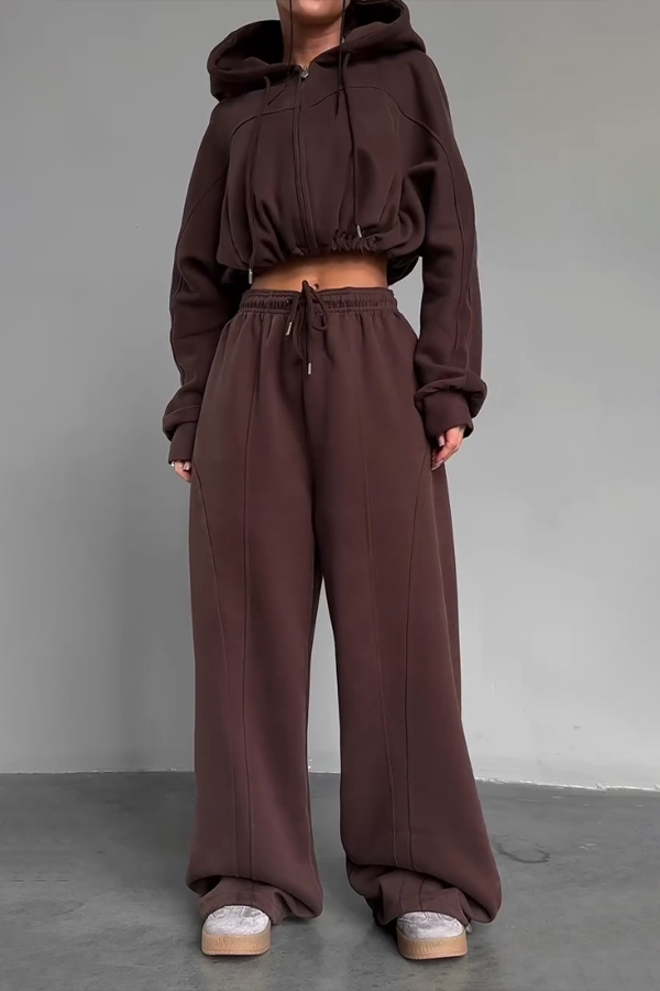 Women Casual Hooded Drawstring Zipper Short Sweatshirt + Wide-Leg Pants Suit