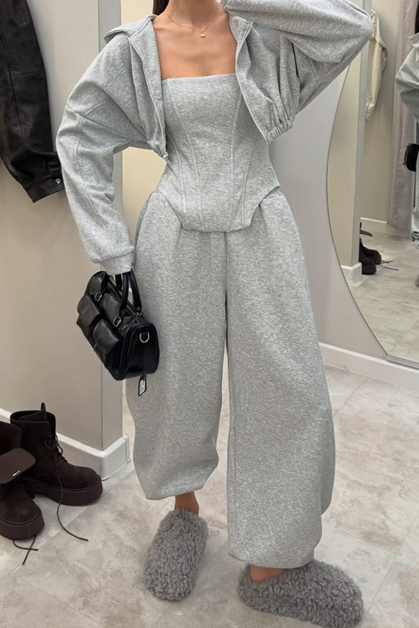 Women Casual Short Sweatshirt Jacket + Tube Top + Pants Suit