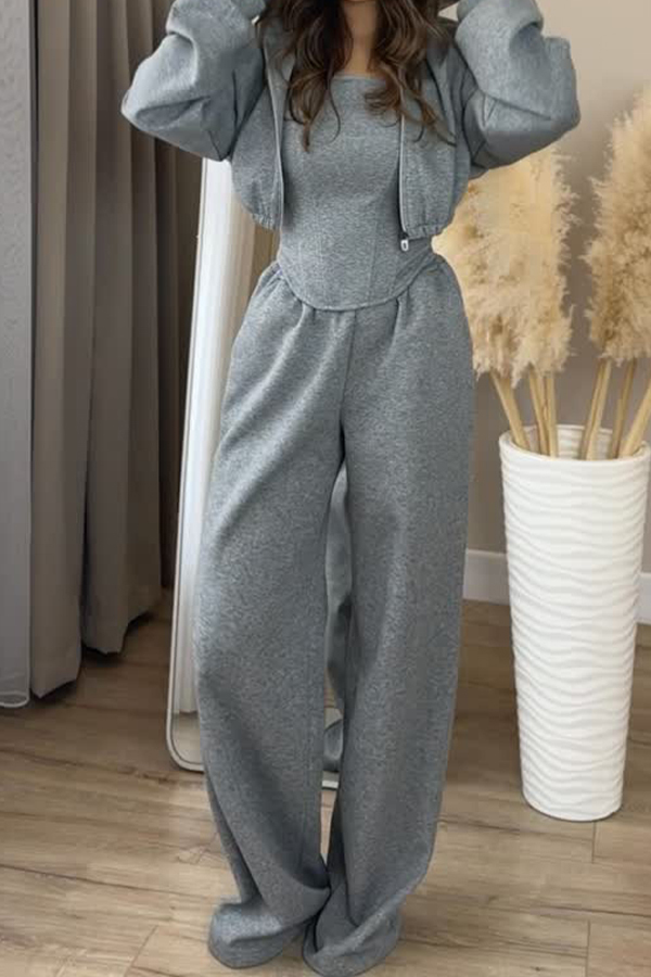 Women Casual Short Sweatshirt Jacket + Tube Top + Pants Suit