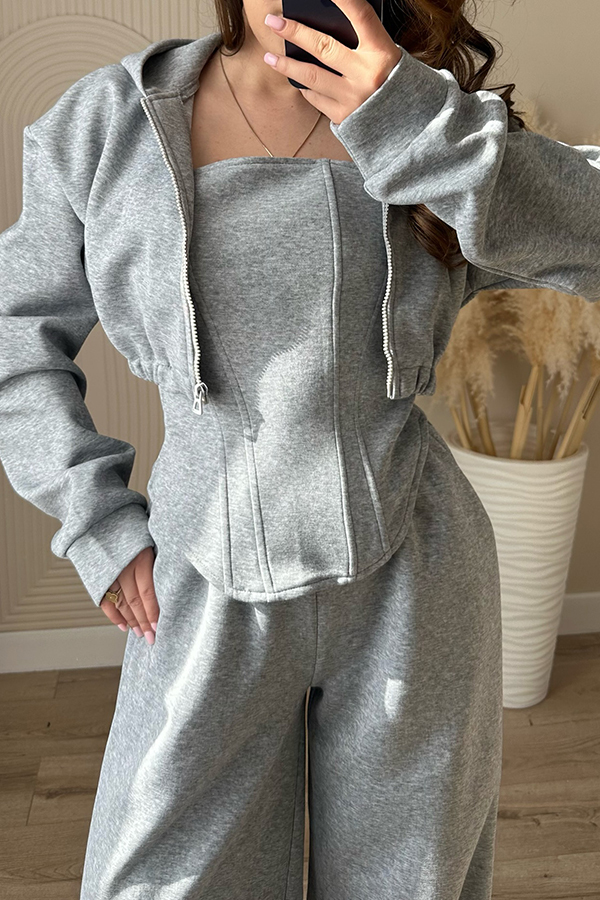 Women Casual Short Sweatshirt Jacket + Tube Top + Pants Suit