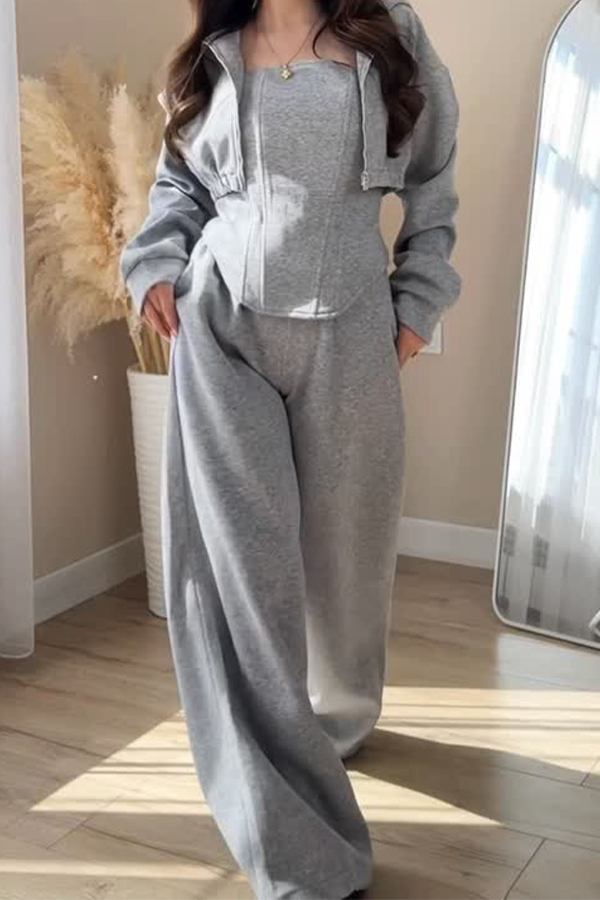 Women Casual Short Sweatshirt Jacket + Tube Top + Pants Suit