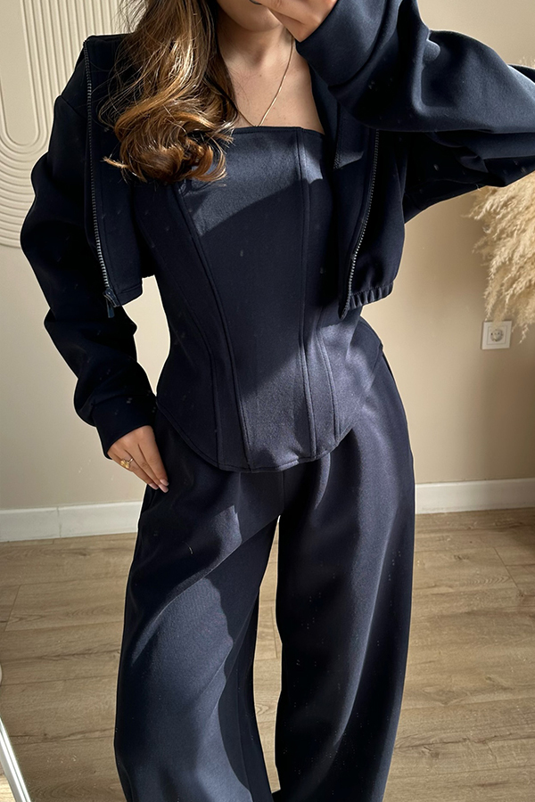 Women Casual Short Sweatshirt Jacket + Tube Top + Pants Suit