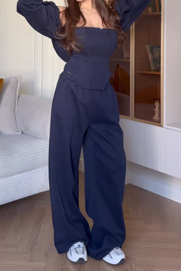 Women Casual Short Sweatshirt Jacket + Tube Top + Pants Suit