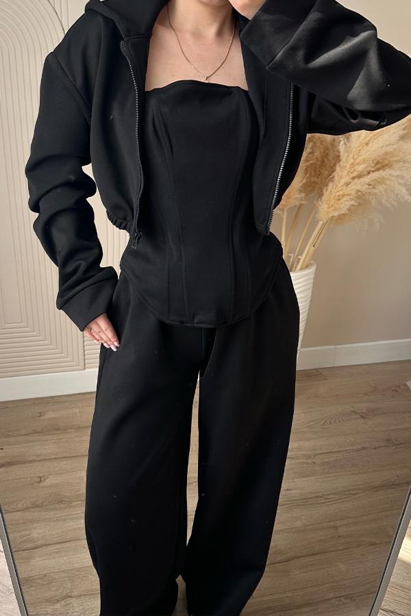 Women Casual Short Sweatshirt Jacket + Tube Top + Pants Suit