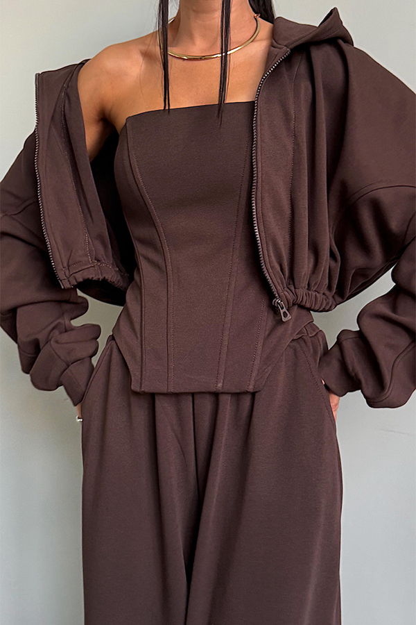 Women Casual Short Sweatshirt Jacket + Tube Top + Pants Suit