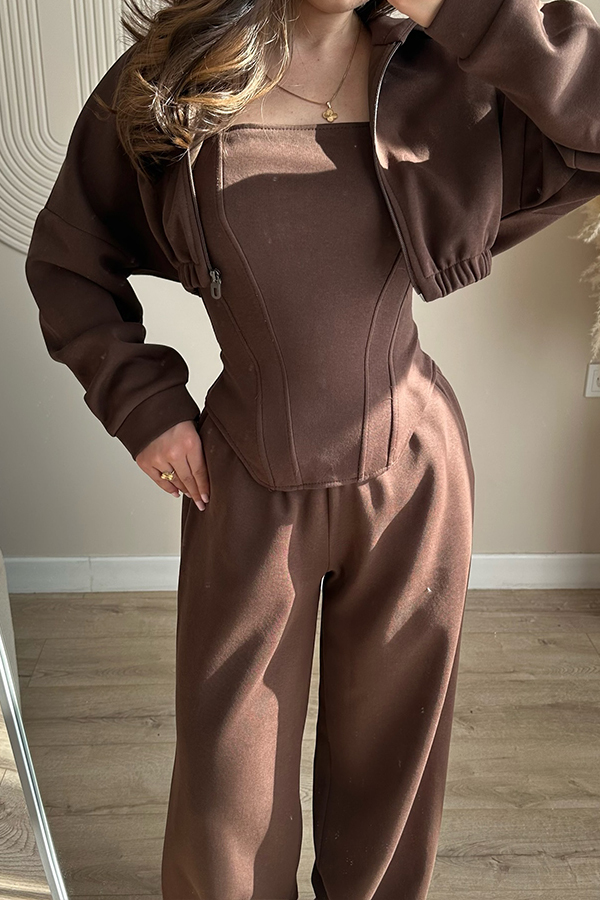 Women Casual Short Sweatshirt Jacket + Tube Top + Pants Suit