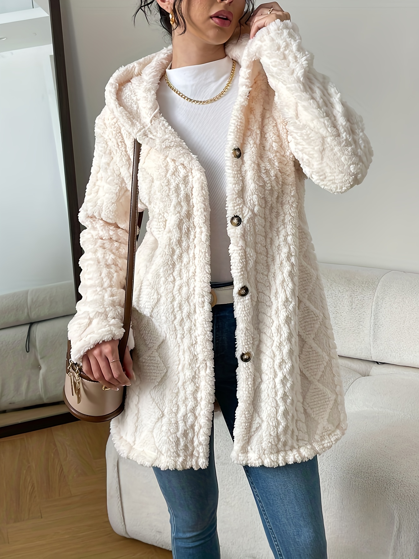 Womens Fuzzy Fleece Button Down Jacket Hooded Open Front Cardigan Sweater