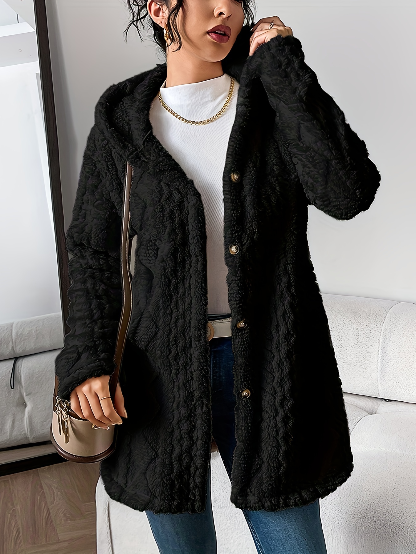Womens Fuzzy Fleece Button Down Jacket Hooded Open Front Cardigan Sweater