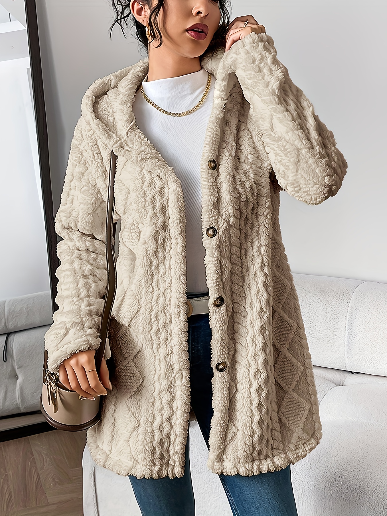 Womens Fuzzy Fleece Button Down Jacket Hooded Open Front Cardigan Sweater