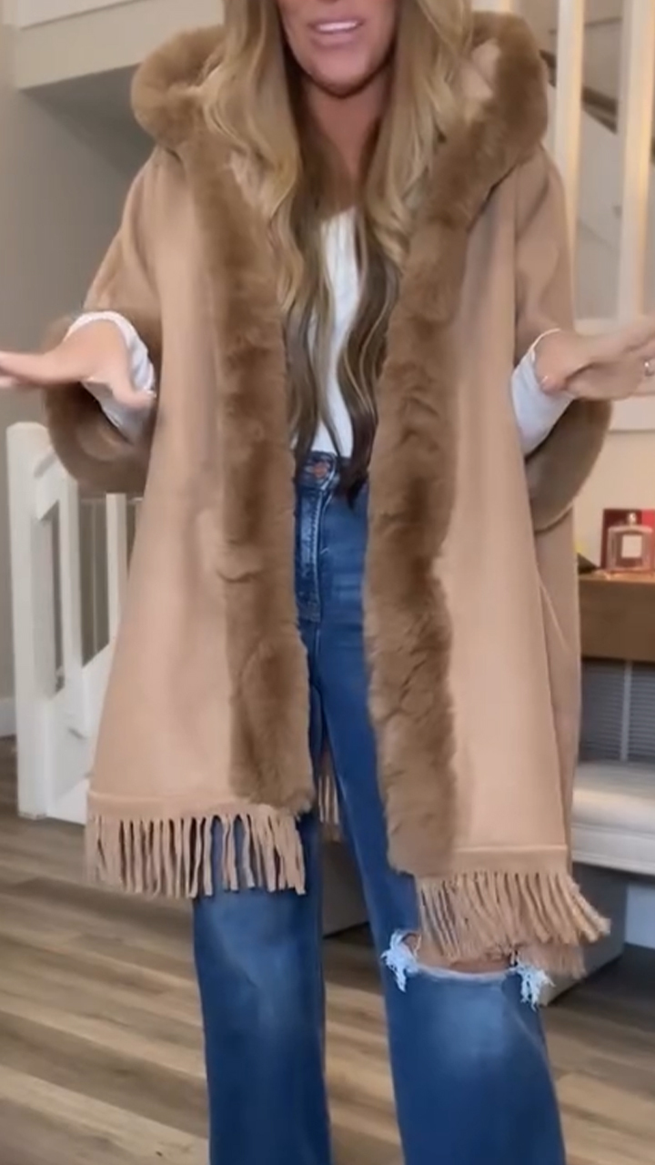 Women Fur Collar Hooded Tassel Casual Coat