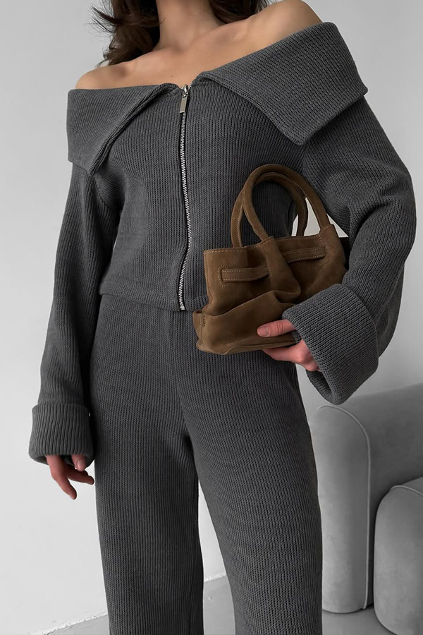 Women Casual Lapel Off-the-Shoulder Zipper Top + Pants Suit
