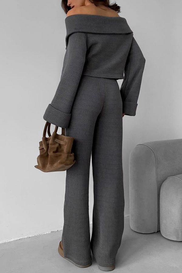 Women Casual Lapel Off-the-Shoulder Zipper Top + Pants Suit