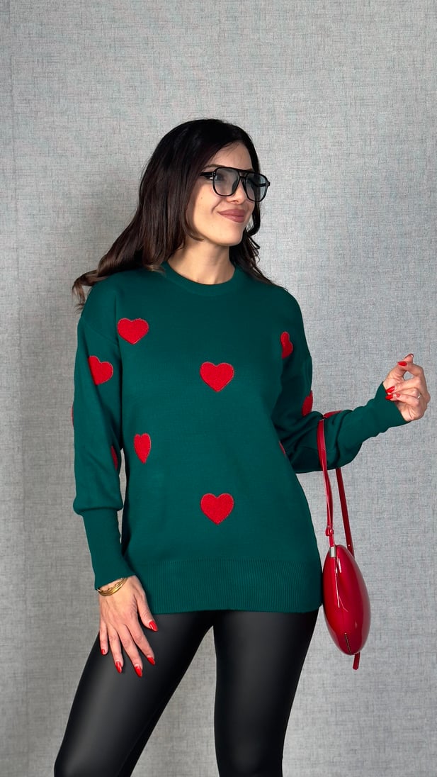 Women's Heart Sweater Crew Neck Long Sleeve Sweater