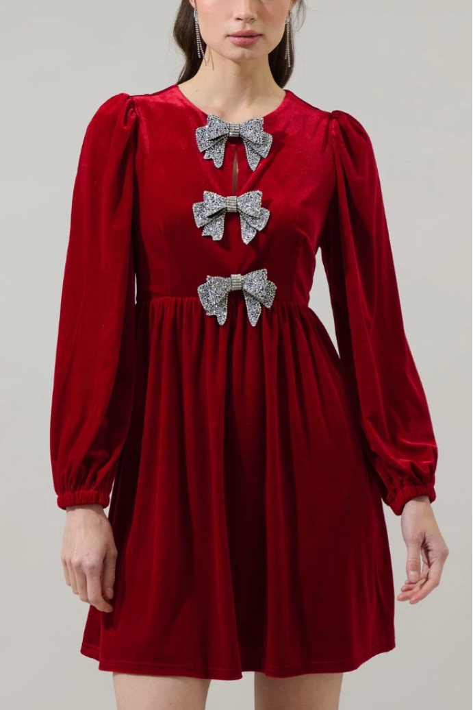 Brigette Glow Bow Velvet Mini Dress