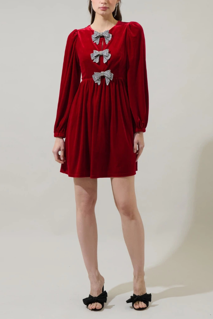Brigette Glow Bow Velvet Mini Dress