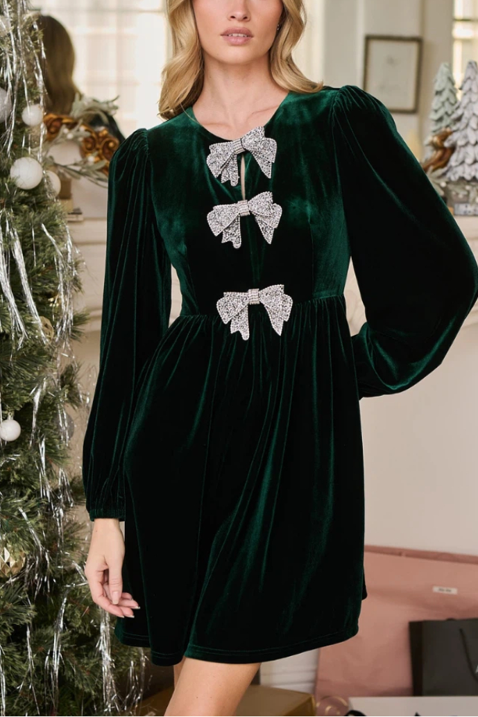 Brigette Glow Bow Velvet Mini Dress