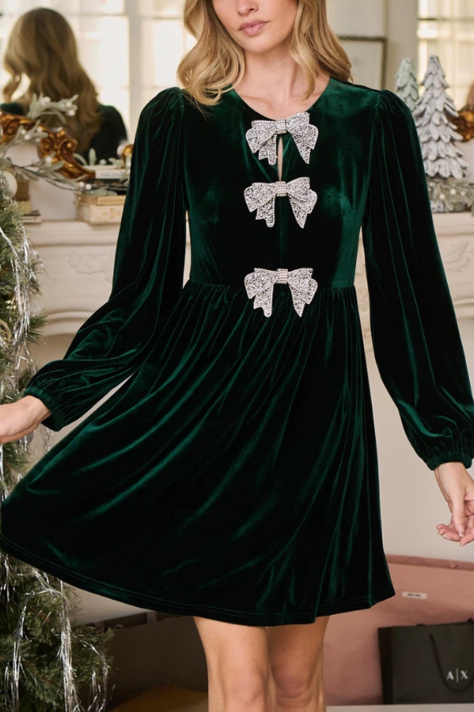 Brigette Glow Bow Velvet Mini Dress